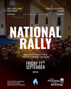 Brochure Advertising the 2026 Youth Council National Rally. Background is of a previous event looking down on the congregation from the rear of the building
